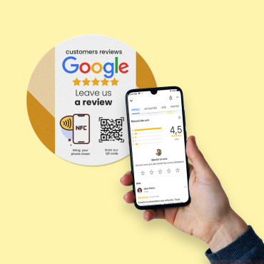 Ühendatud Google NFC Review kleebis seinale, letile, müügikohale ja aknale