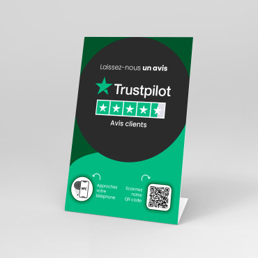 Trustpilot NFC-easel med NFC-brikke og QR-kode