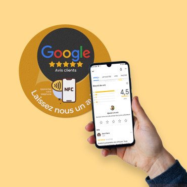 Naklejka NFC Avis Google połączona na ścianę, ladę, punkt sprzedaży i witrynę
