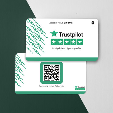 Trustpilot anmeldelseskort med NFC-brikke og QR-kode