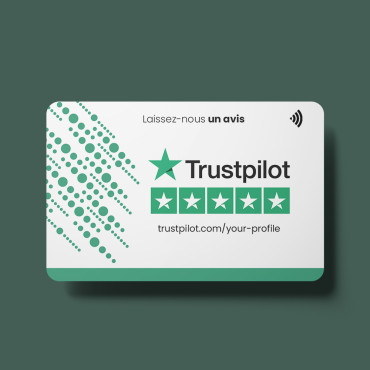 Trustpilot-arvostelukortti NFC-sirulla ja QR-koodilla