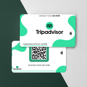 Tarjeta de reseñas de Tripadvisor con chip NFC y código QR