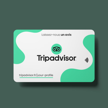 Tripadvisor apžvalgos kortelė su NFC lustu ir QR kodu