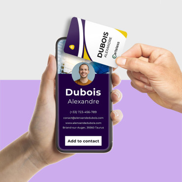 Prijungta ir bekontaktė vizitinė kortelė violetinė, balta, su geltonu atspalviu